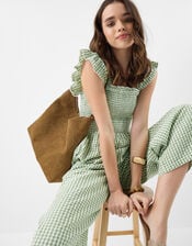 Gingham Print Frill Jumpsuit, Green (GREEN), large