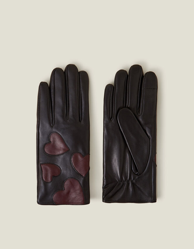Contrast Heart Leather Gloves, Black (BLACK), large