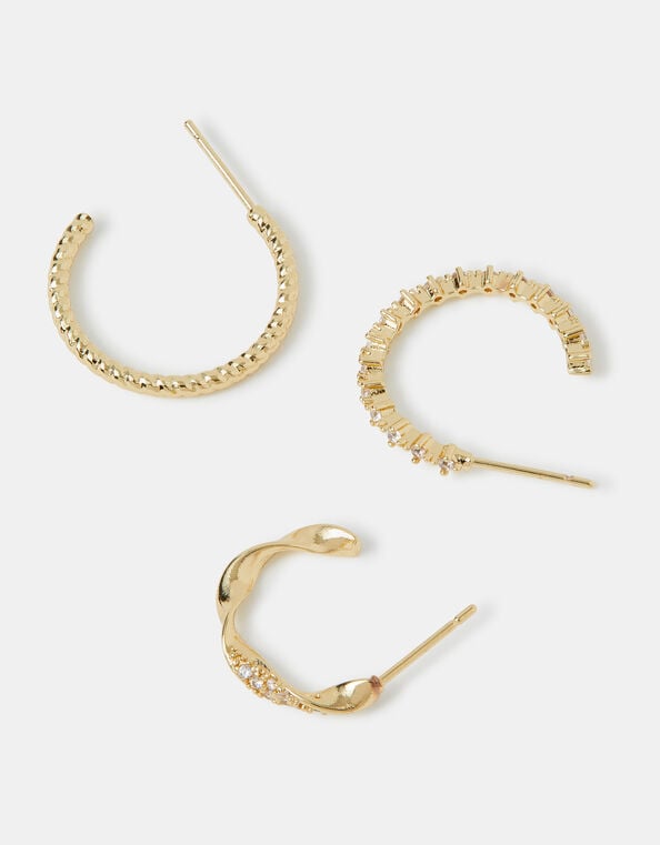 3-Pack 14ct Gold-Plated Twist Hoop Earrings, , large