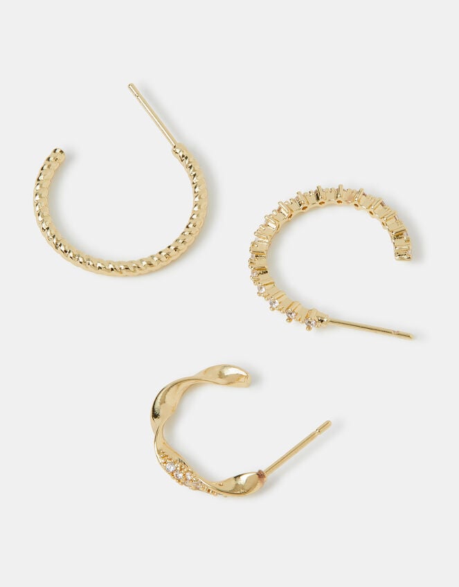 3-Pack 14ct Gold-Plated Twist Hoop Earrings, , large
