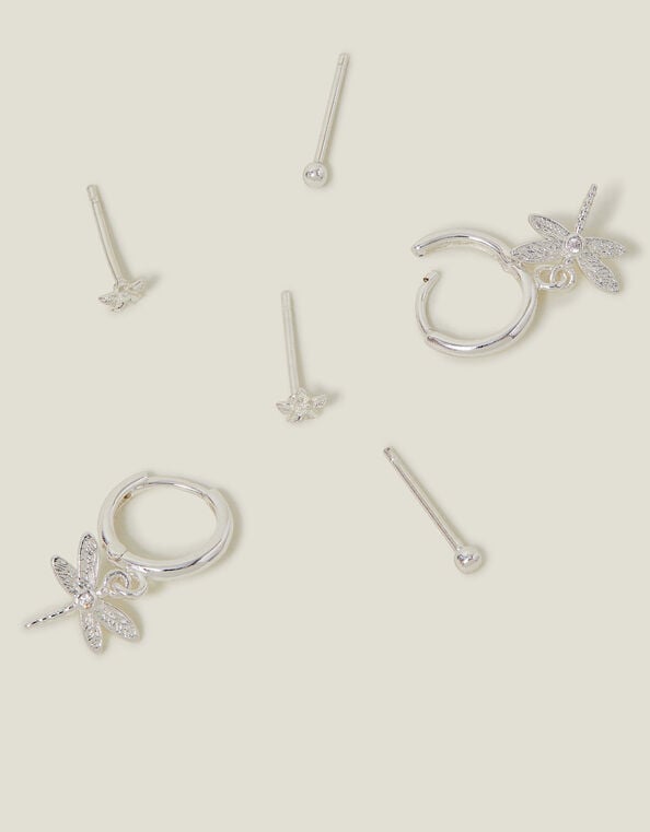 3-Pack Sterling Silver-Plated Dragonfly Stud and Hoop Earrings, , large