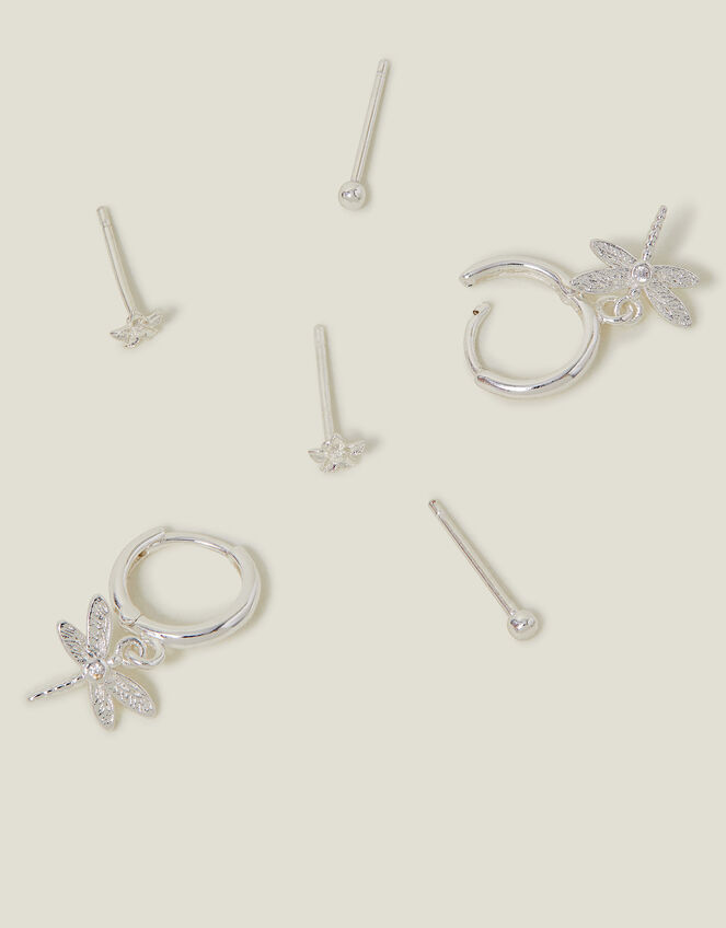3-Pack Sterling Silver-Plated Dragonfly Stud and Hoop Earrings, , large