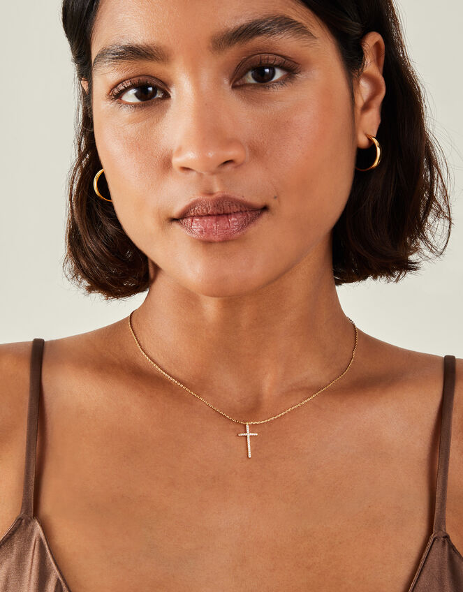 14ct Gold-Plated Sparkle Cross Pendant Necklace, , large