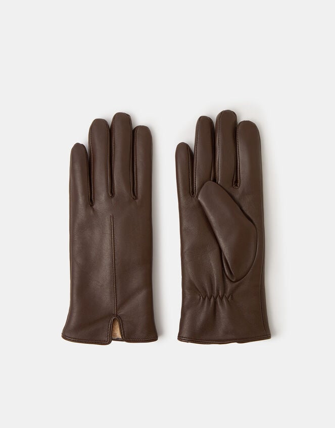 Faux Fur Lined Leather Gloves, Brown (CHOCOLATE), large