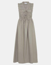 Tie Front Smocked Midi Dress, Green (KHAKI), large