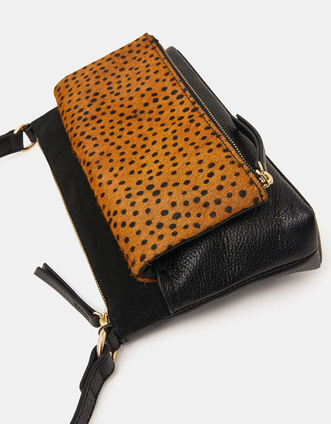 Fold Over Zip Leather Crossbody Bag, Leopard (LEOPARD), large
