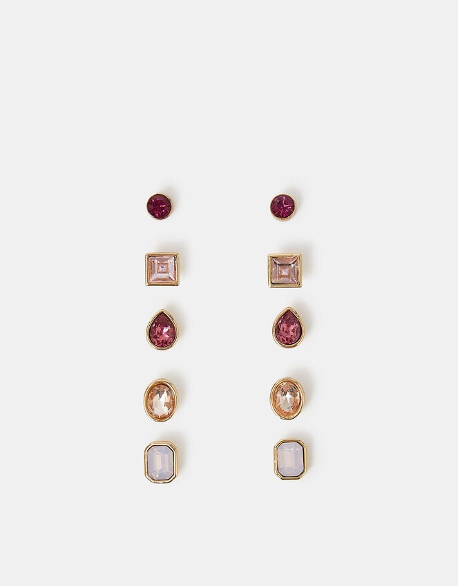 5-Pack Gem Stud Earrings Pink, , large