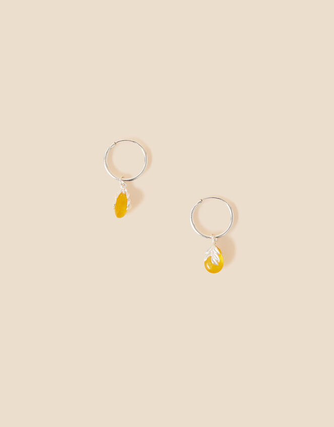 Recycled Sterling Silver Yellow Quartz Leaf Charm Huggie Hoops, , large