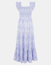 Feather Print Frill Midi Dress, Blue (BLUE), large