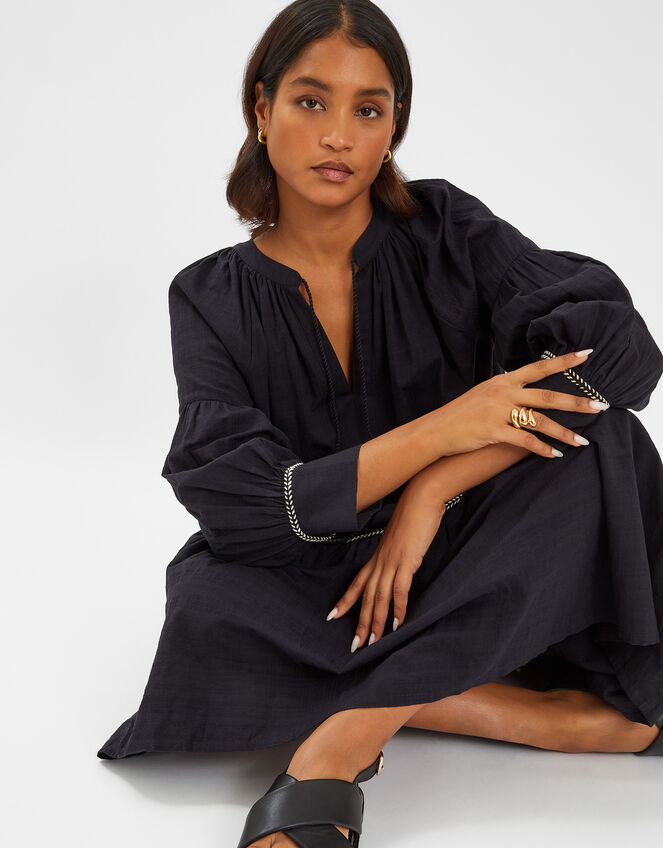 Long-Sleeve Tiered Maxi Dress, Black (BLACK), large