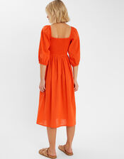 Palm Embroidered Puff-Sleeve Midi Dress, Orange (CORAL), large