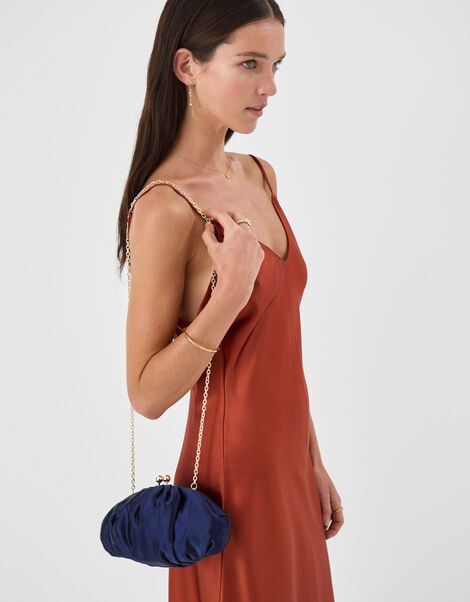 Ruched Satin Clip Frame Clutch Bag, Blue (NAVY), large