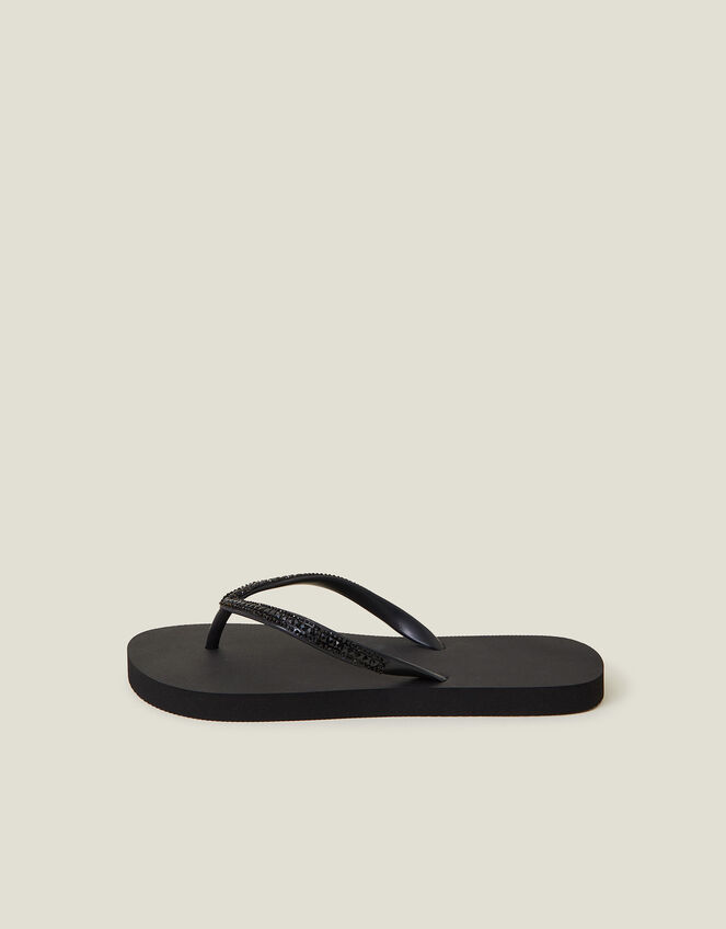 Crystal Embellished Flip Flops, Black (BLACK), large