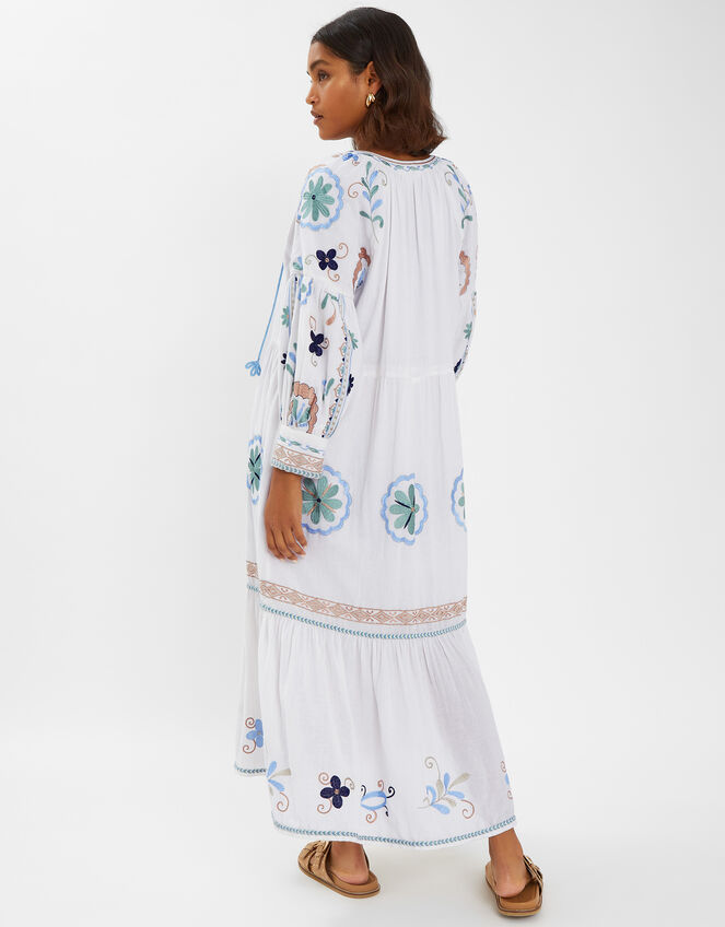 Long-Sleeve Embroidered Maxi Dress, White (WHITE), large