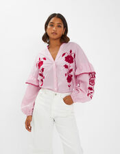 Floral Embroidered Stripe Blouse, Red (RED), large