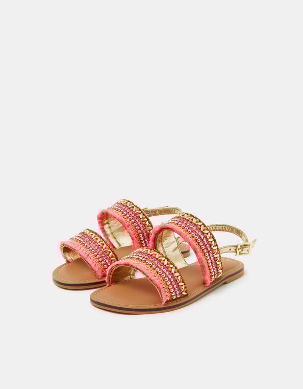 Girls Bead Embellished Strap Sandals, Orange (CORAL), large