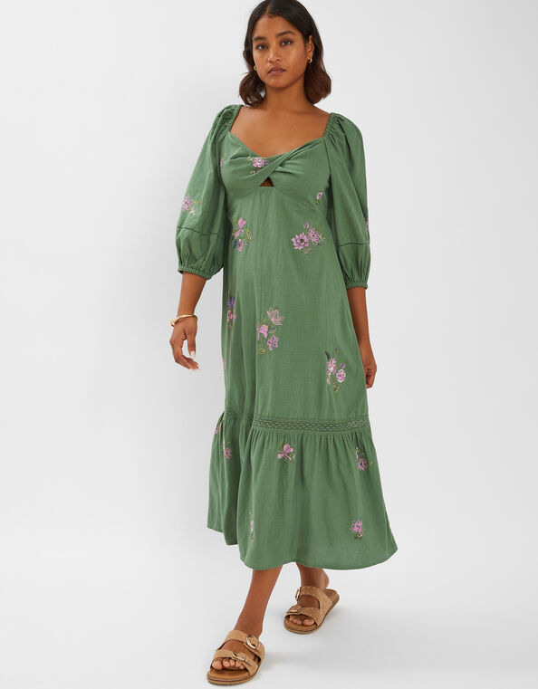 Jasmine Embroidered Midi Dress, Green (KHAKI), large