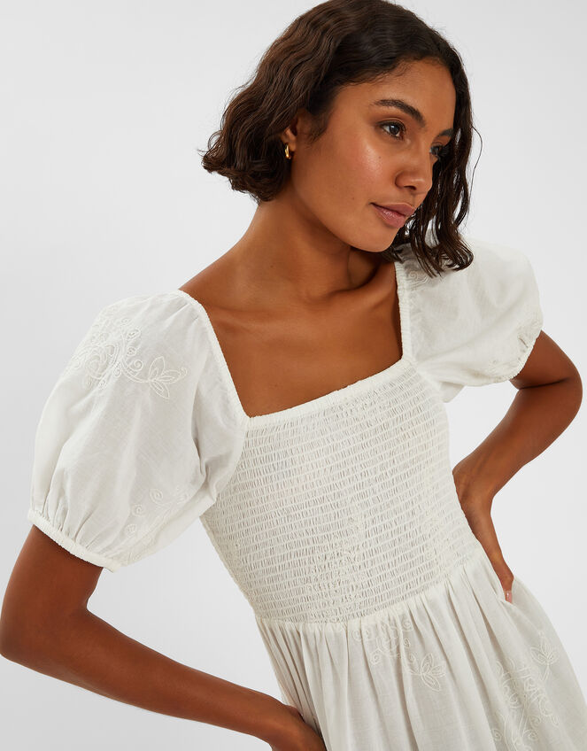 Embroidered Puff Sleeve Midi Dress, White (WHITE), large