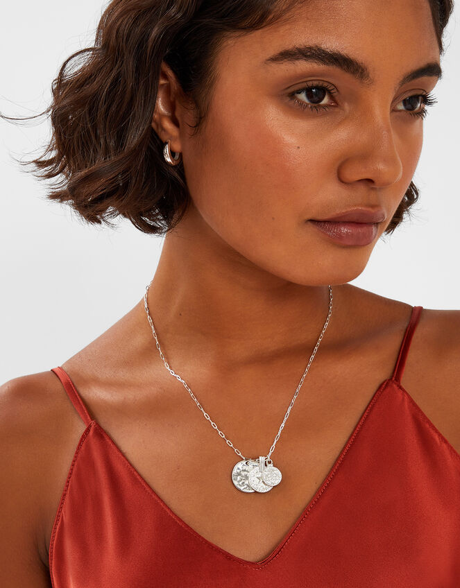 Textured Coin Pendants Necklace Silver, , large