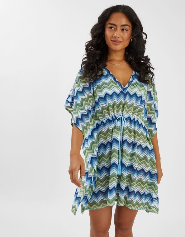 Zig Zag Crochet Mini Kaftan, Blue (BLUE), large