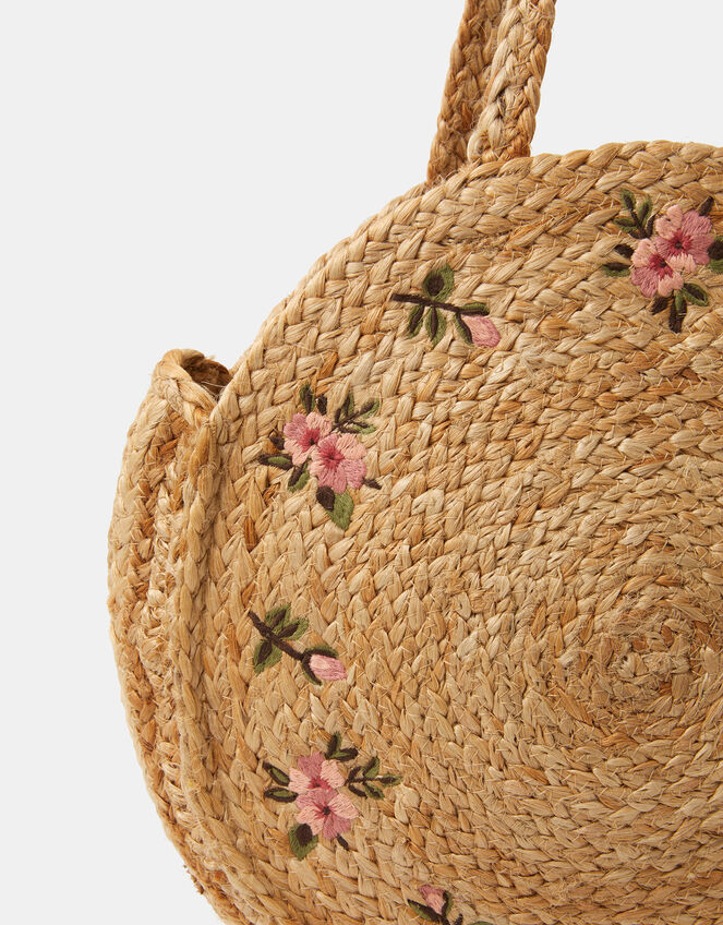 Floral Embroidered Round Beach Bag, , large