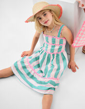 Girls Stripe Ric Rac Dress, Blue (TURQUOISE), large