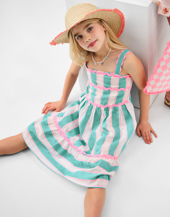 Girls Stripe Ric Rac Dress, Blue (TURQUOISE), large