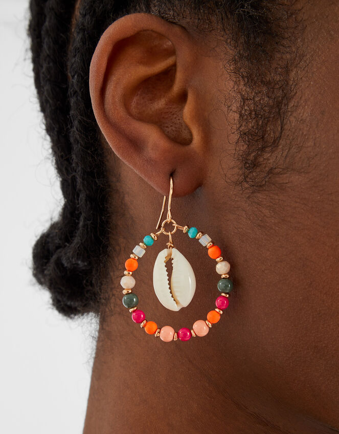 Small Shell Drop Beaded Hoop Earrings, , large