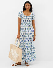 Floral Print Puff Sleeve Midi Dress, Ivory (IVORY), large