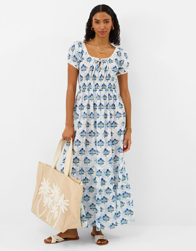 Floral Print Puff Sleeve Midi Dress, Ivory (IVORY), large