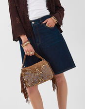 Embroidered Fringe Suede Bag, , large