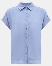 Lace Trim Linen Blend Shirt , Blue (LIGHT BLUE), large