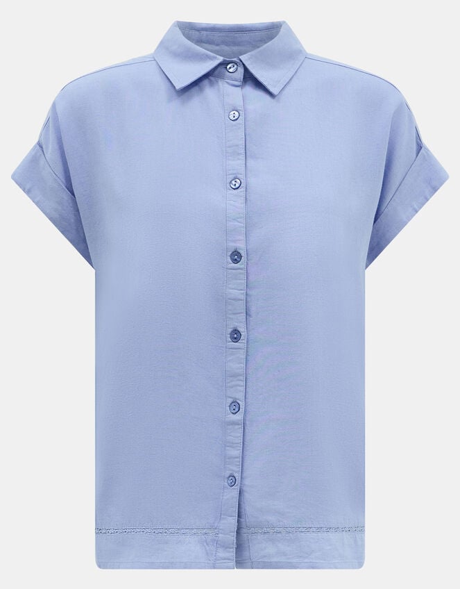 Lace Trim Linen Blend Shirt , Blue (LIGHT BLUE), large