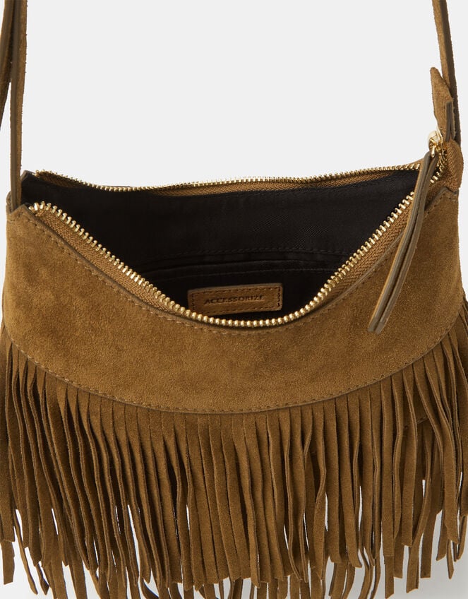Fringe Suede Crossbody Bag, Tan (TAN), large
