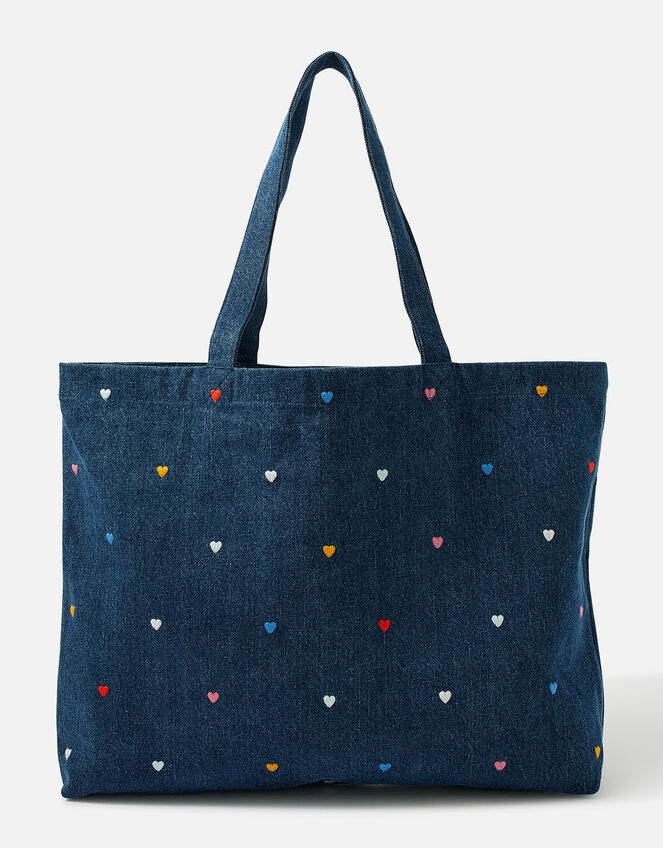 Denim Heart Embroidered Shopper Bag, , large
