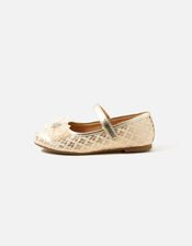 Girls Jacquard Bow Ballerina Flats, Gold (GOLD), large