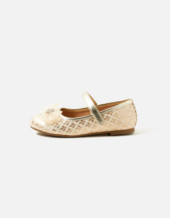 Girls Jacquard Bow Ballerina Flats, Gold (GOLD), large
