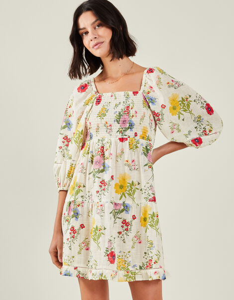 Puff Sleeve Floral Smocked Mini Dress, Ivory (IVORY), large