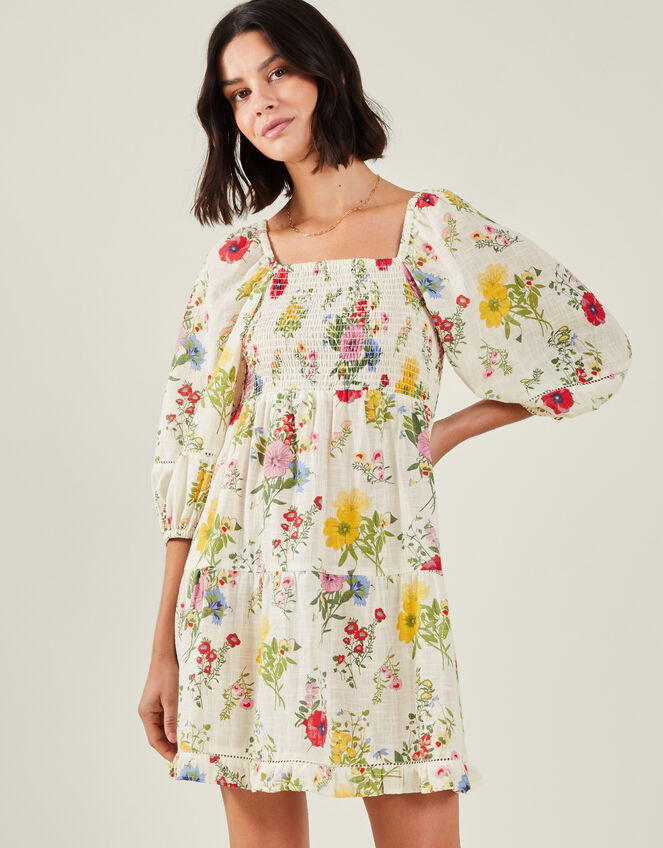Puff Sleeve Floral Smocked Mini Dress, Ivory (IVORY), large