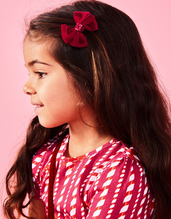 Girls Velvet Bow Clips Set of Two, Red (RED), large
