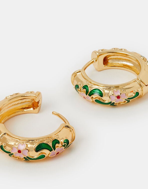 Enamel Floral Hoop Earrings, , large