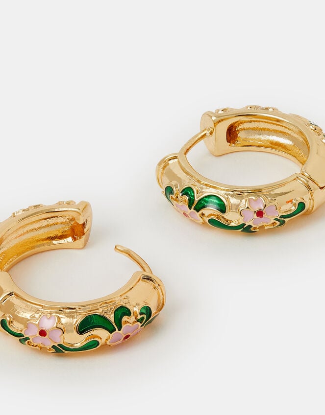 Enamel Floral Hoop Earrings, , large