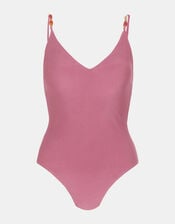 Bead Detail V-Neck Swimsuit, Pink (DARK PINK), large