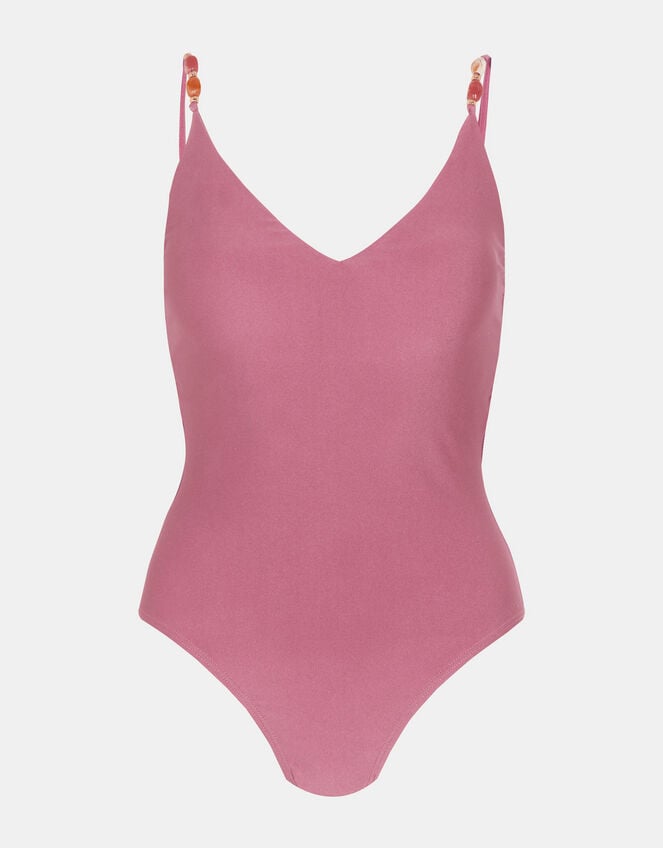 Bead Detail V-Neck Swimsuit, Pink (DARK PINK), large