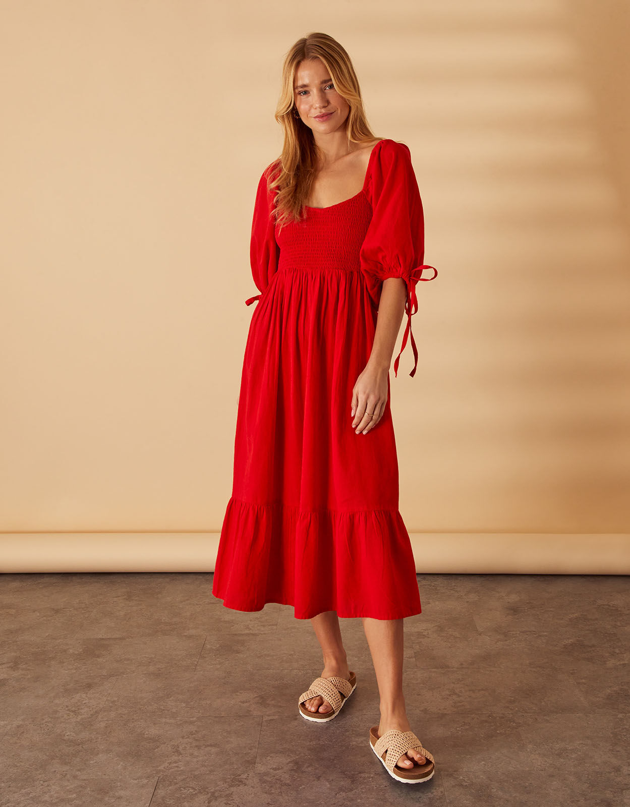 Puff Sleeve Textured Midi Dress Red