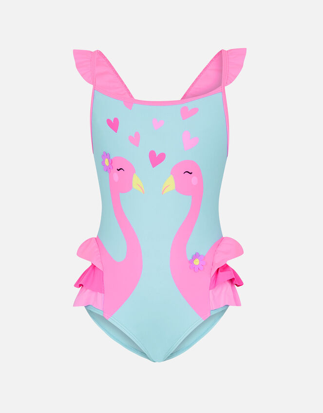 Girls Flamingo Swimsuit, Blue (AQUA), large