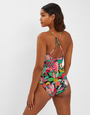 Tropical Print V Insert Swimsuit, Black (BLACK), large