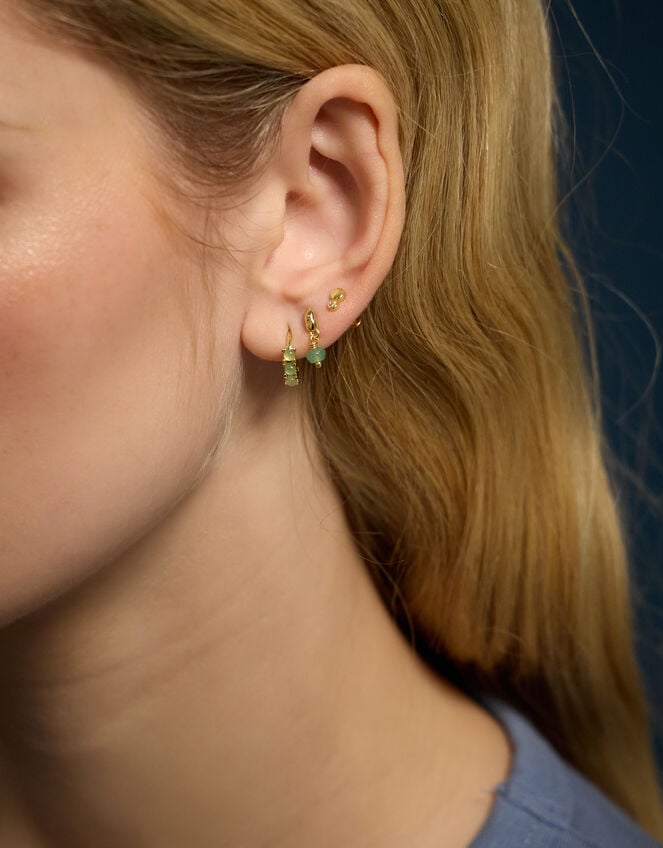 4-Pack 14ct Gold-Plated Aventurine Stone Stud & Hoop Earrings, , large