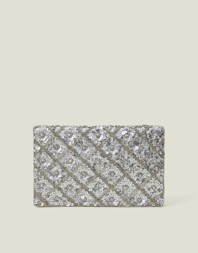 Metallic Embellished Clutch Bag, Silver (SILVER), large