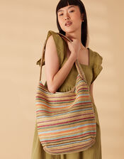Stripe Raffia Slouch Bag, , large